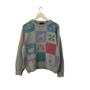 Vintage Woolrich Medium Sweater Wool Gray Pullover Patchwork Pattern Womens